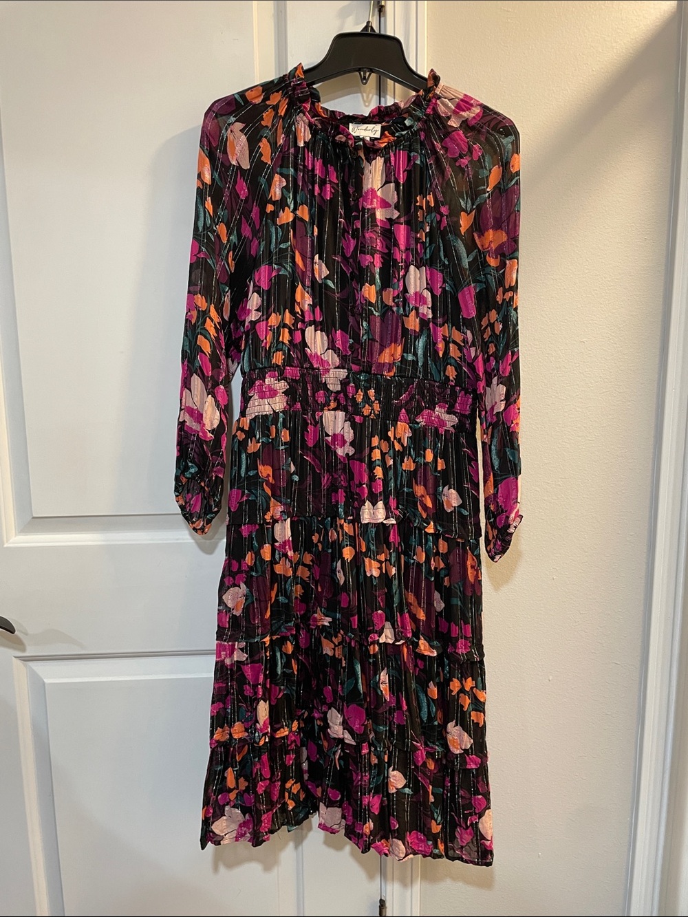Floral Long-Sleeve Tiered Midi Dress in Black with Pink & Orange Accents